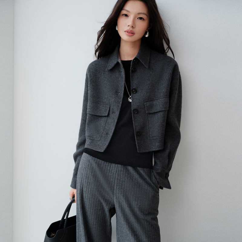 EP雅莹新款女装 质感绵羊毛翻领双面呢衬衫式短外套1513A