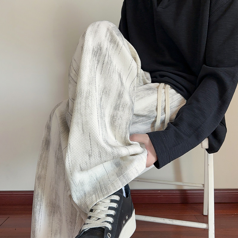 秋冬加绒加厚美式休闲裤大码扎染蟒纹水墨印花垂感男宽松休闲裤