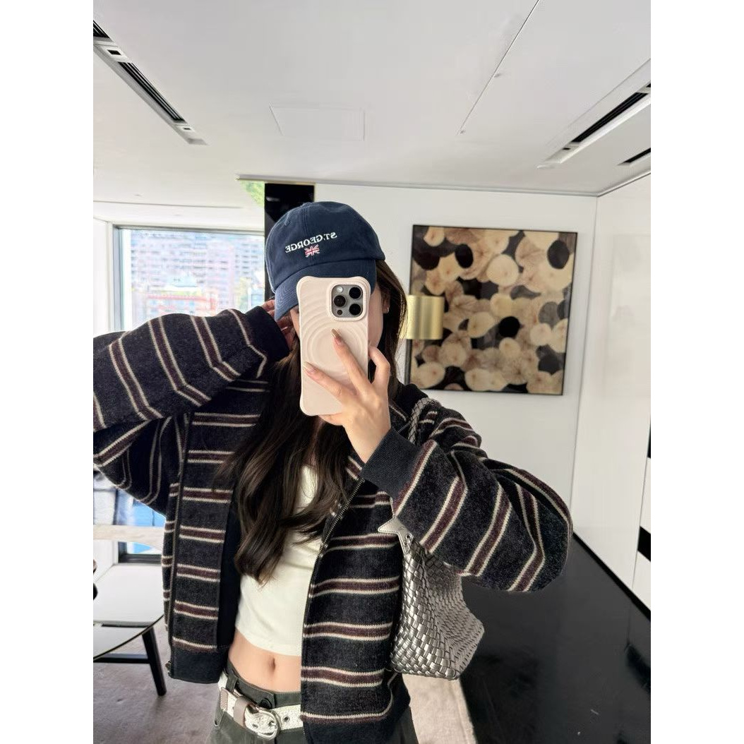 美式复古慵懒条纹长袖卫衣女秋季新款设计感宽松显瘦连帽开衫外套