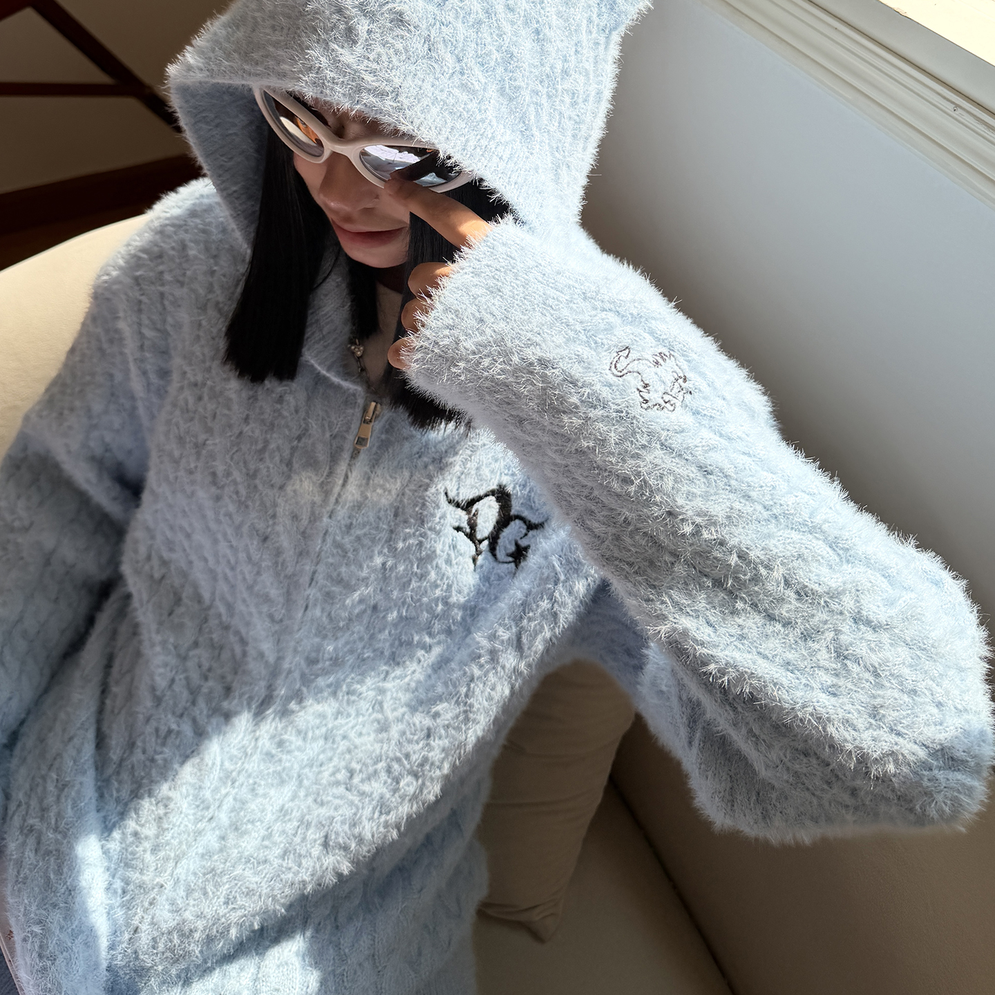 梁拌泡菜美式幽灵狐耳连帽毛衣外套男女设计感情侣长袖开衫帽衫