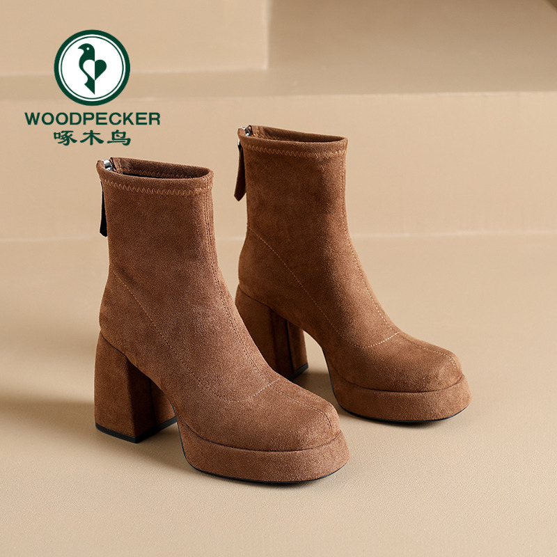 啄木鸟高跟瘦瘦靴女鞋2025秋冬新款厚底绒面百搭后拉链粗跟马丁靴