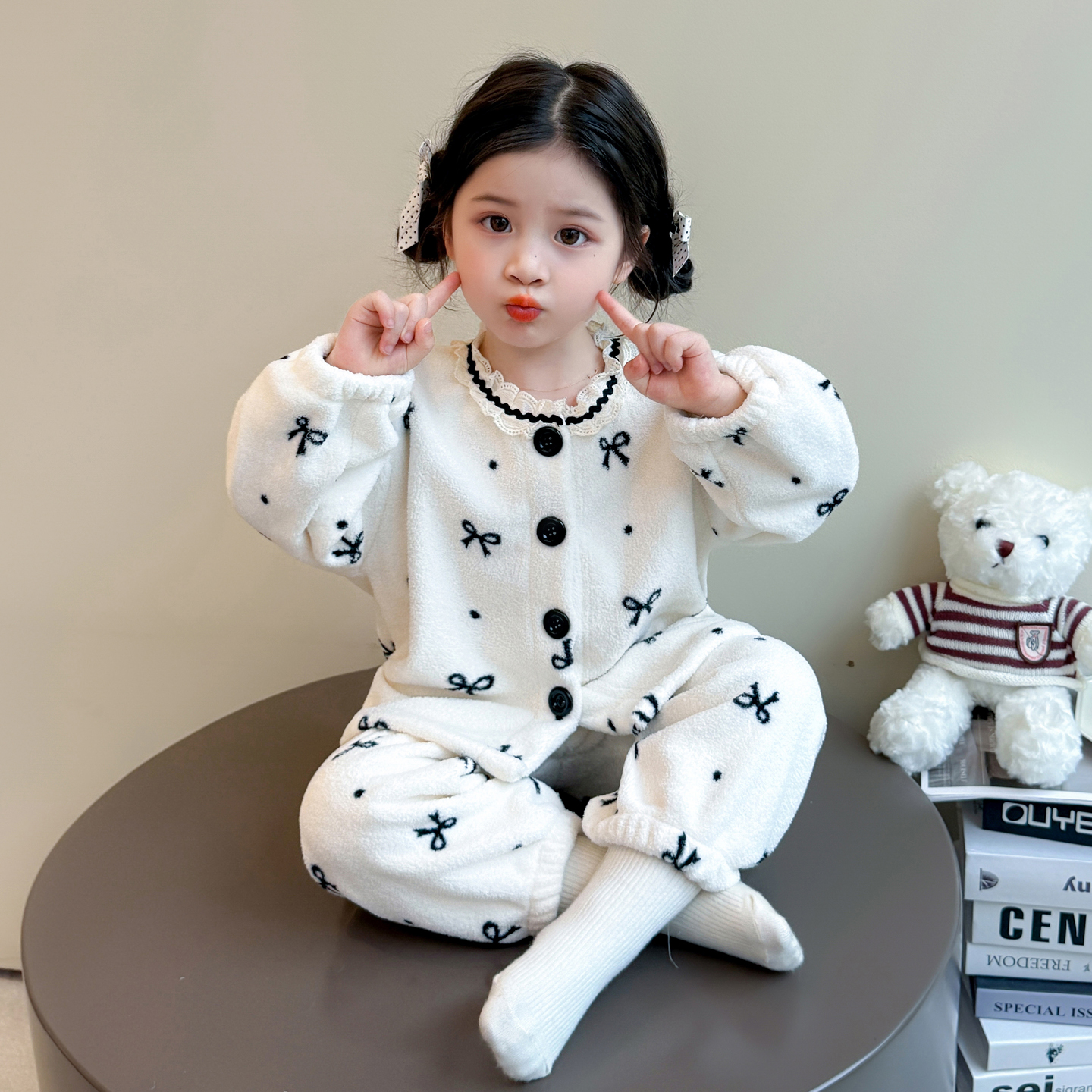 女童法兰绒睡衣秋冬季儿童加绒保暖宝宝套装女孩公主珊瑚绒家居服