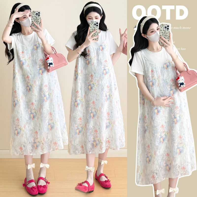 2025孕妇装夏季休闲时尚百搭假两件显瘦减龄孕妇连衣裙中长款