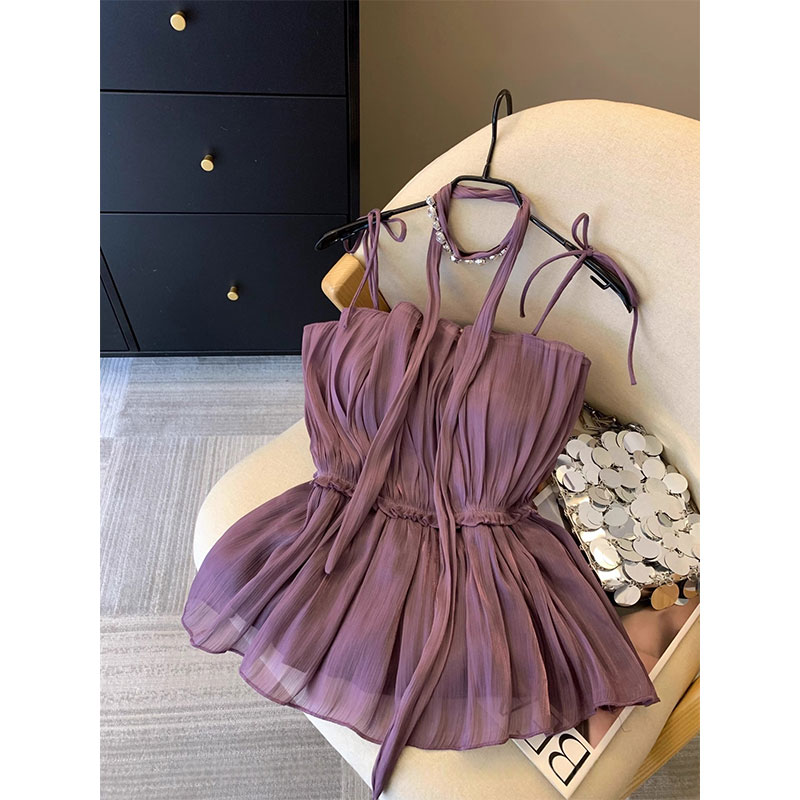 固质千金风镶钻挂脖吊带背心女夏季泰式抹胸小衫纯欲飘带雪纺上衣