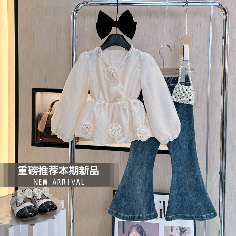 【现货】女童装秋季新款长袖洋气套装时尚气质秋款时髦牛仔裤两件套