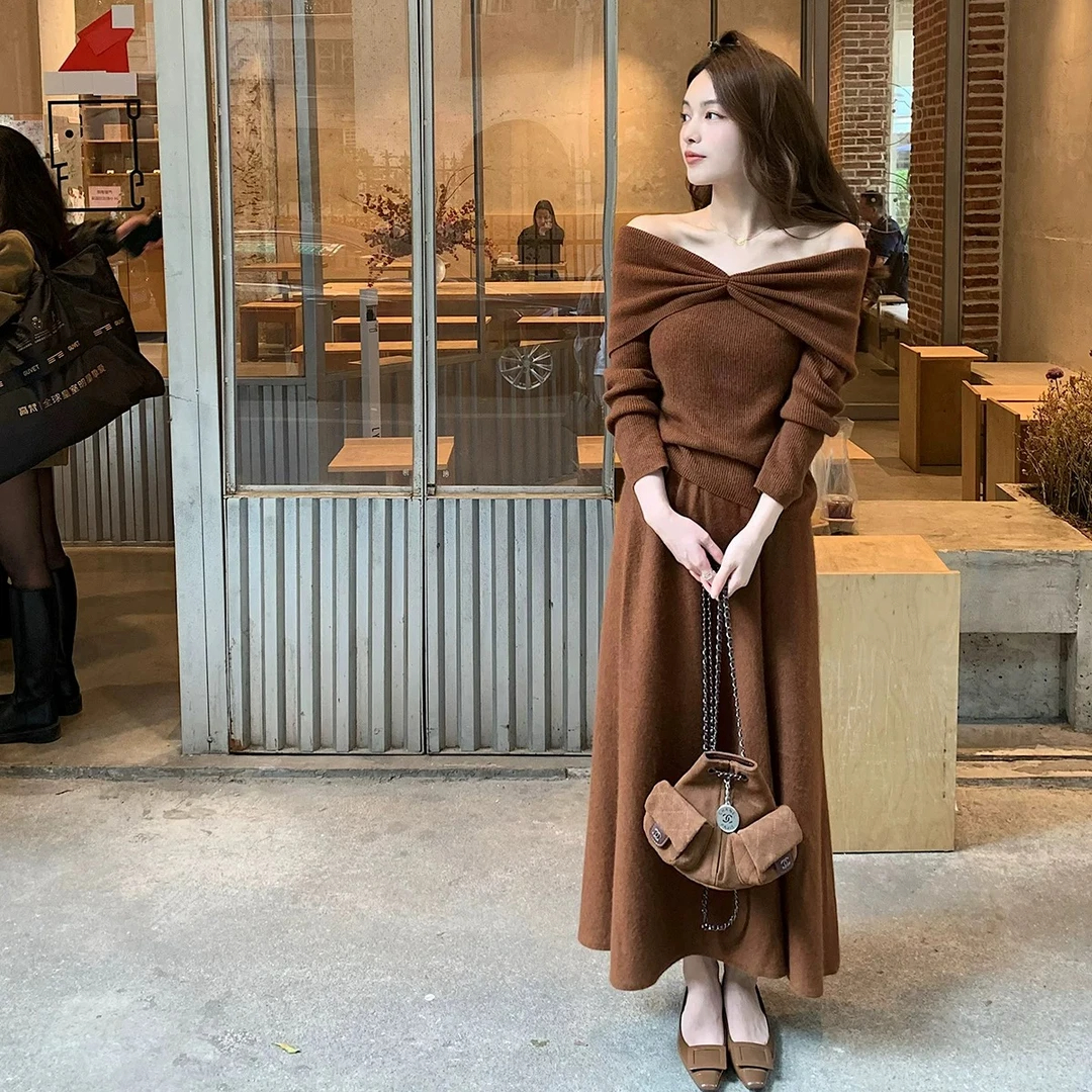 设计感纯欲显瘦时尚气质针织羊毛一字肩蝴蝶上衣半身裙两件套套装