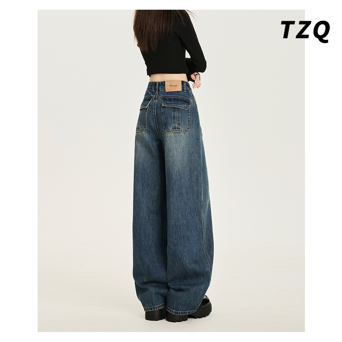 美式复古弯刀阔腿牛仔裤女2025秋季新款宽松镰刀拖地裤TZQ2581709