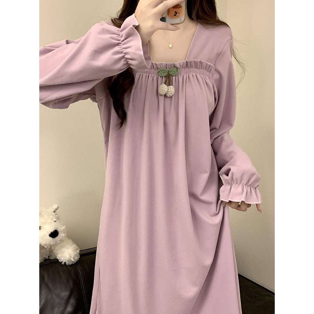 红豆长袖睡裙女秋冬季加厚德绒2025新款小性感紫色宫廷风大码孕妇