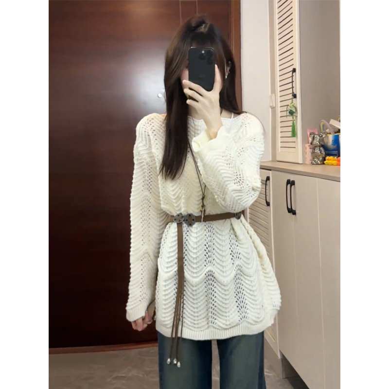 秋季慵懒风钩花镂空针织衫女温柔甜美收腰显瘦露肩宽松套头毛衣潮