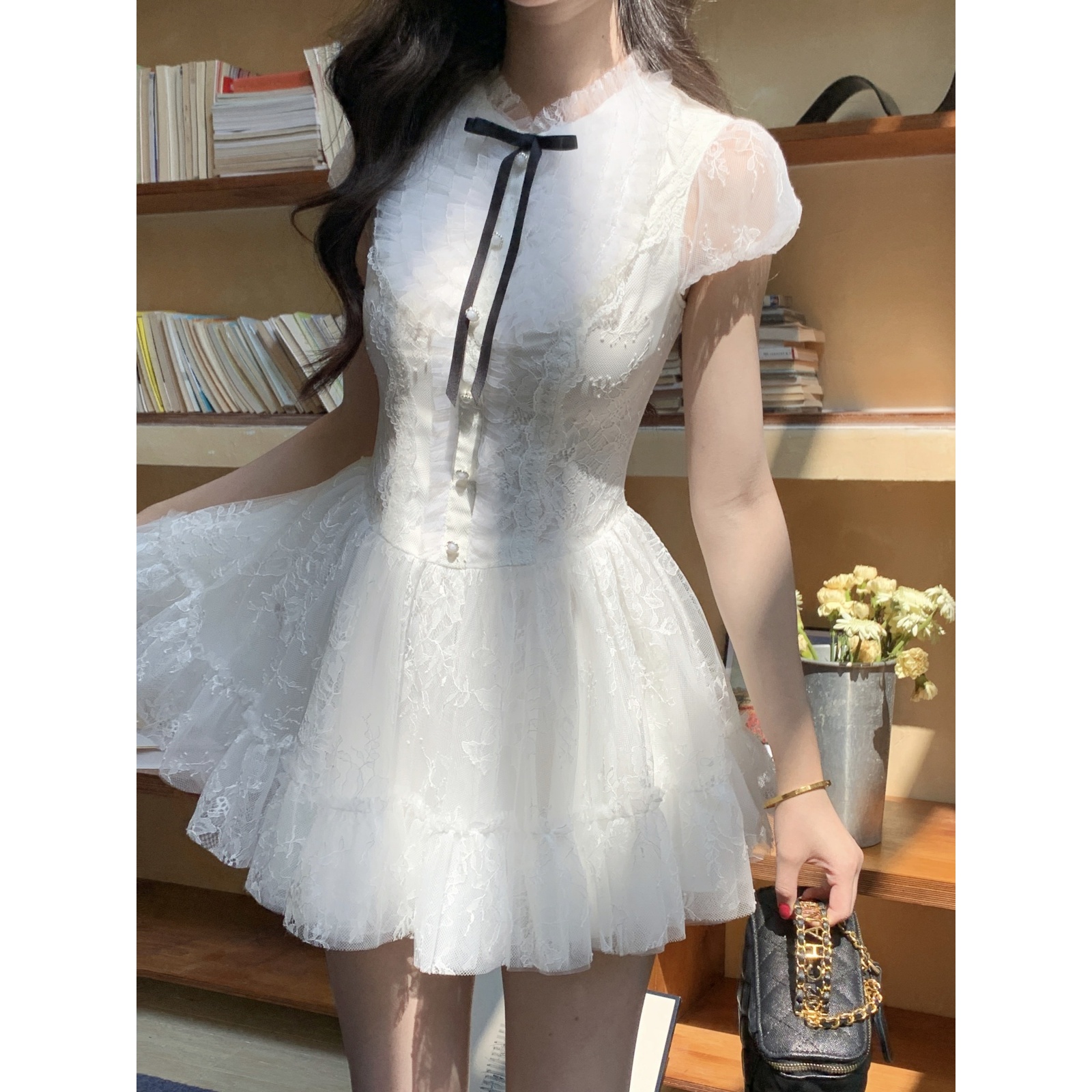 越韩小鱼 晴日初见 法式气质白色蕾丝连衣裙小香风网纱蓬蓬裙女夏