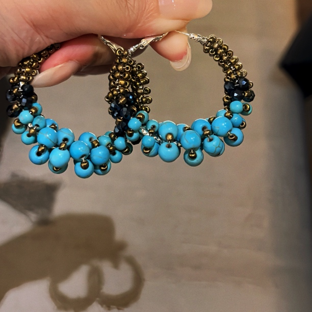 铜合金耳饰 法式复古时髦大气手作蓝色串珠圈圈耳环