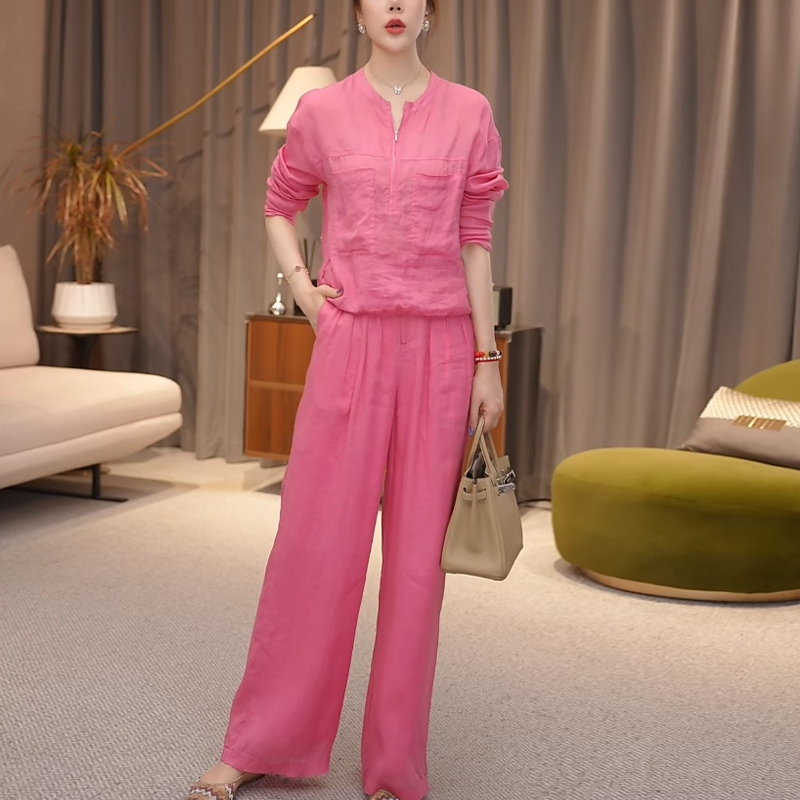 粉色棉麻套装女夏2025新款时尚休闲气质减龄亚麻宽松阔腿裤两件套