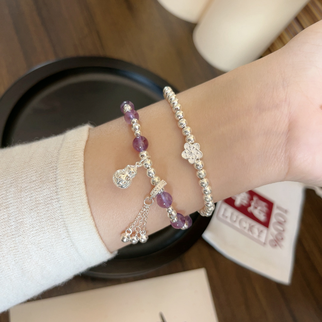 925银仿水晶手链 葫芦双层纯银手链女s925银圆珠流苏铃铛手串