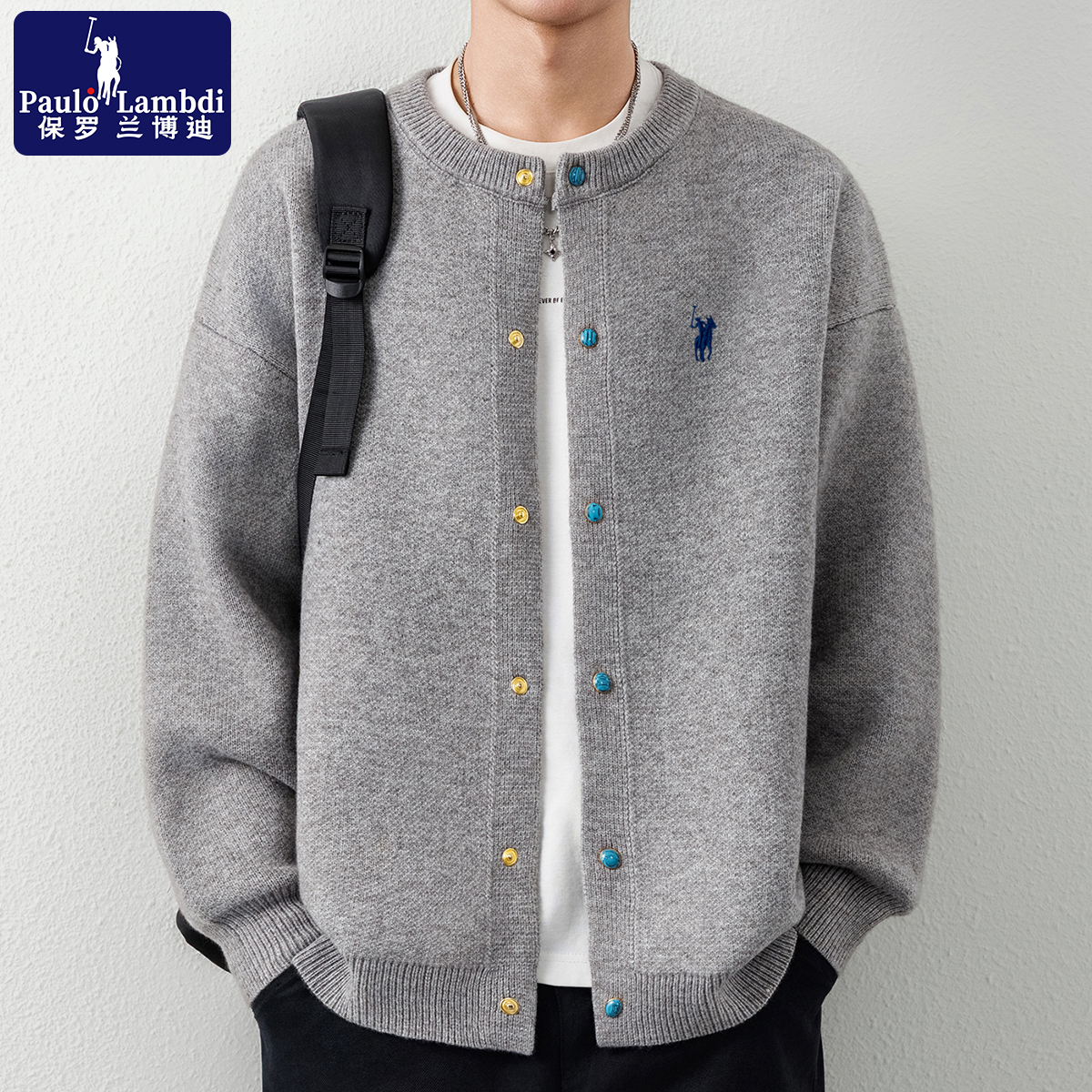 保罗秋冬季加厚针织开衫毛衣男士时尚休闲高档刺绣男装针织衫外套