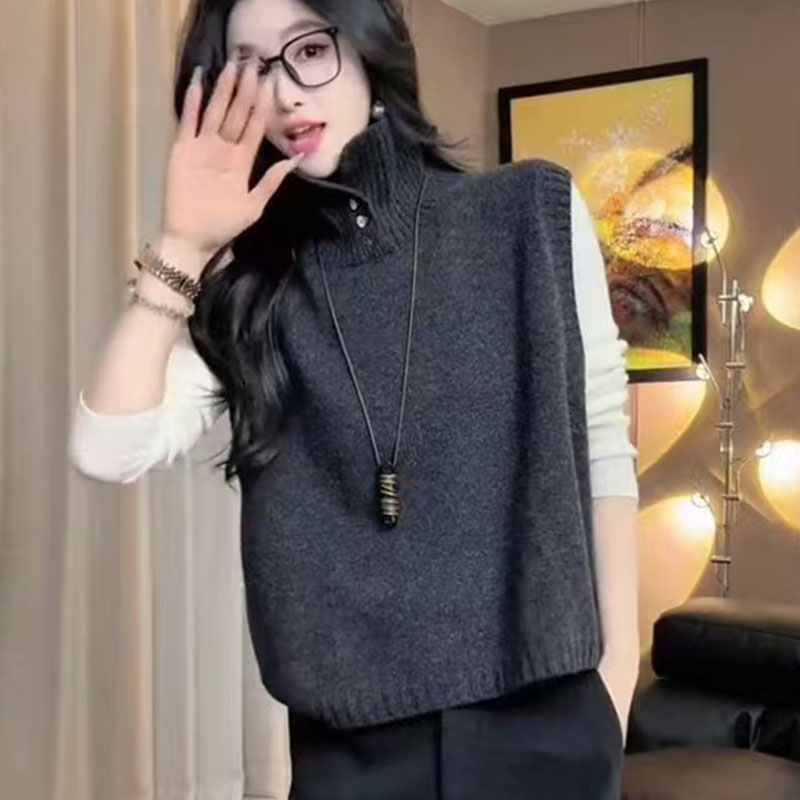 法式外穿半开高领针织衫马甲女早秋冬叠穿保暖内搭背心仿羊毛上衣