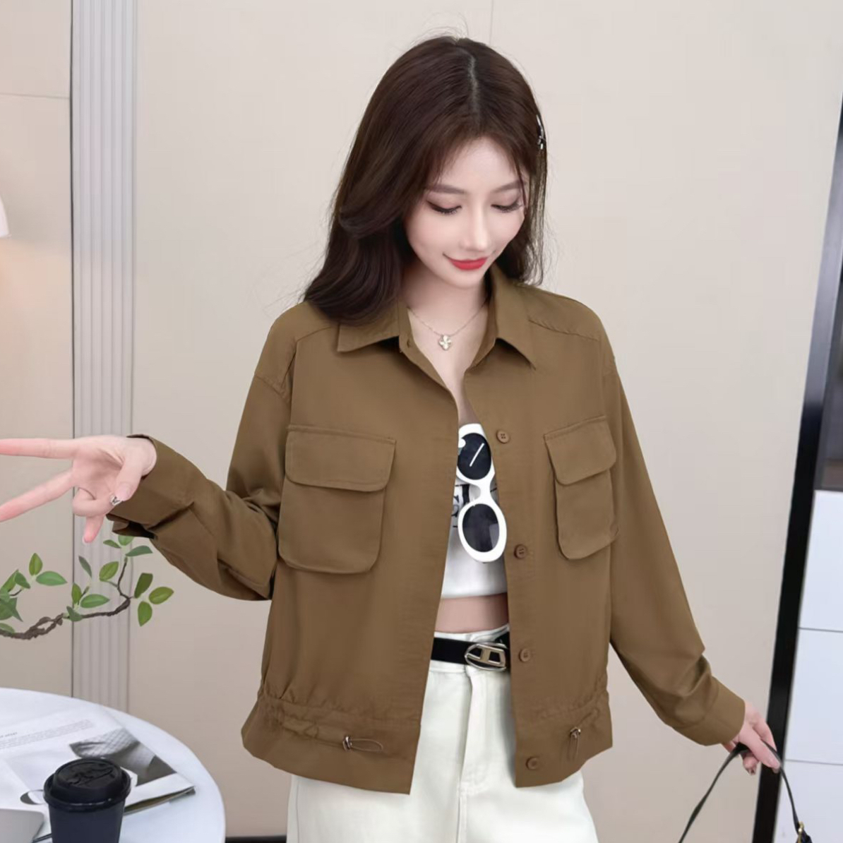 52508#【衣长60】短款衬衫女春秋新款宽松夹克韩版休闲小个子上衣