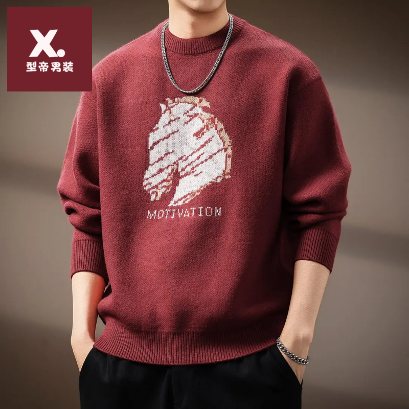 高端本命年骏马印花毛衣男士秋冬新款潮流内搭休闲圆领针织衫线衣