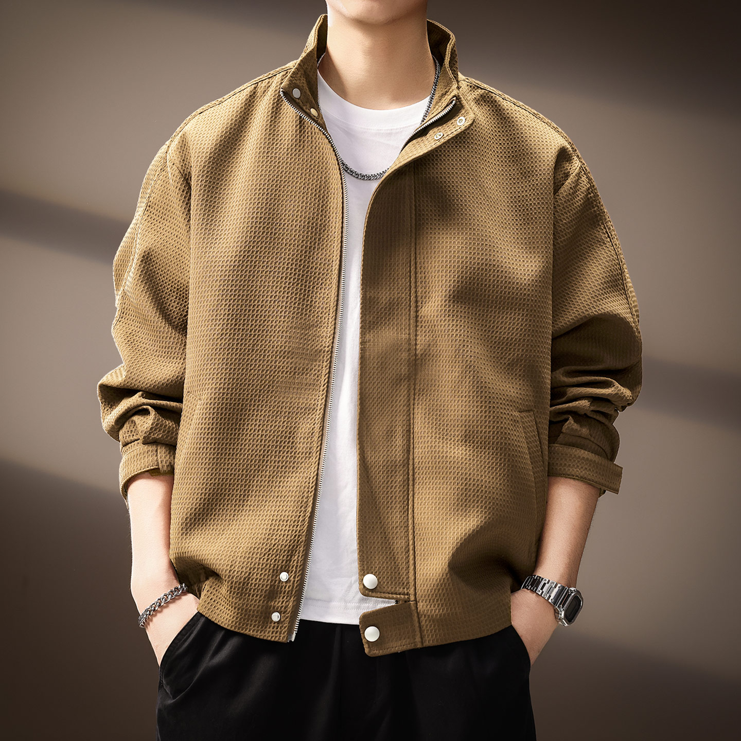 高端美式复古潮牌格纹立领夹克男士秋季加棉简约休闲猎装长袖外套