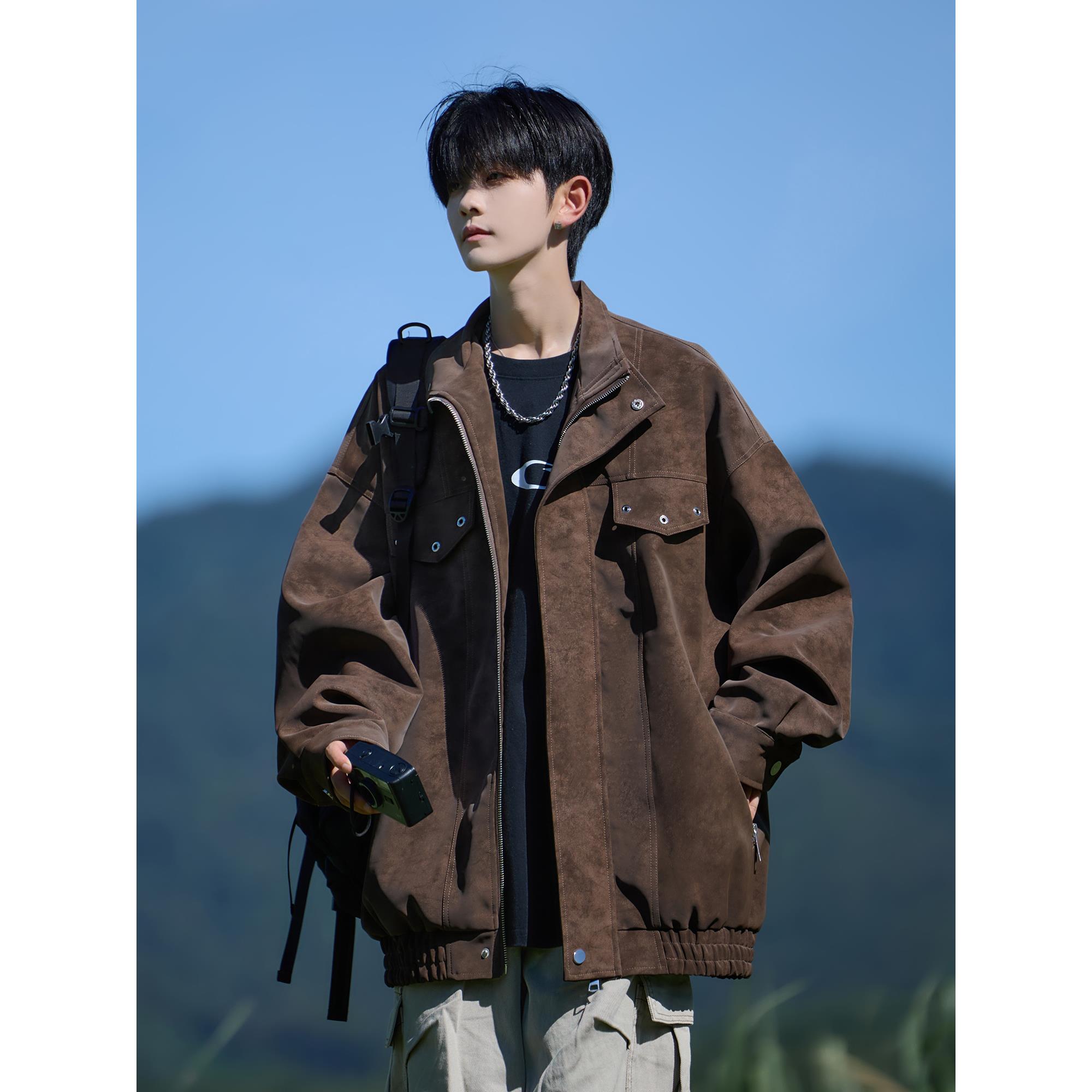 品牌撤柜~VUUG美式扎染PU皮翻领外套男春秋冬季新款潮牌宽松男生