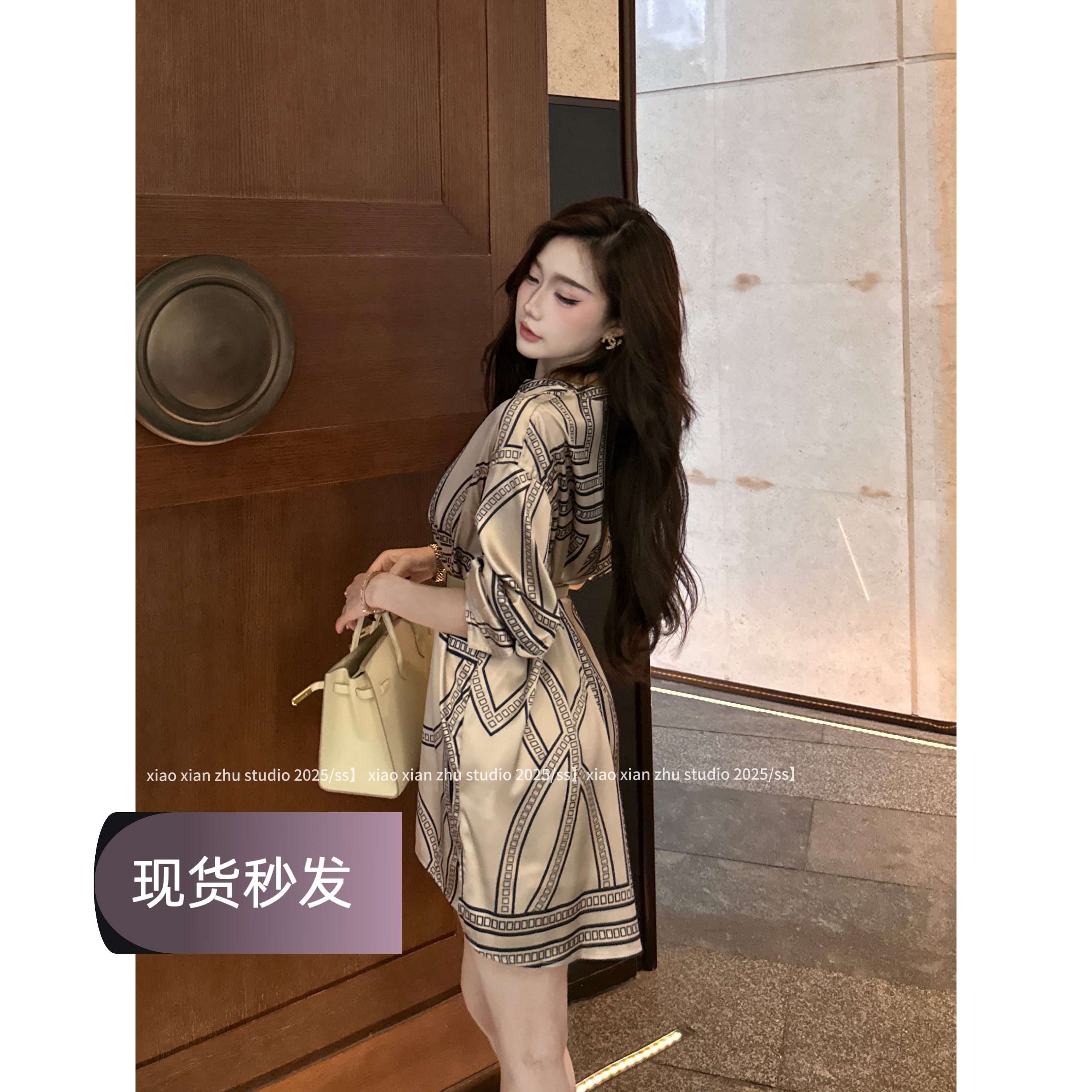 XXZHU【现货】「缎光叙事」老钱风轻奢高级感几何印花衬衫裙ZZ-847