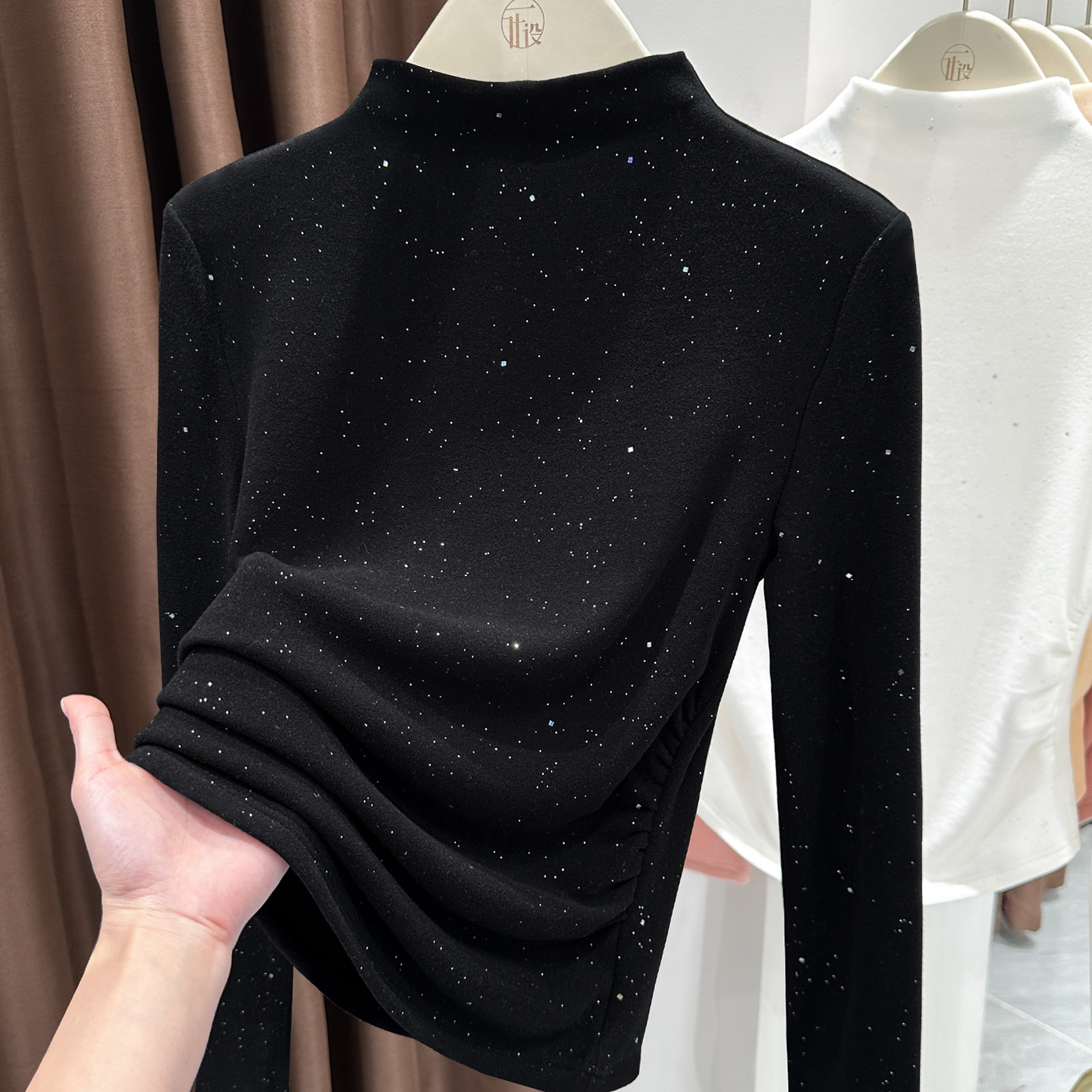 黑色高级感修身德绒T恤半高领亮片内搭双面澳绒内搭腰身抽褶上衣