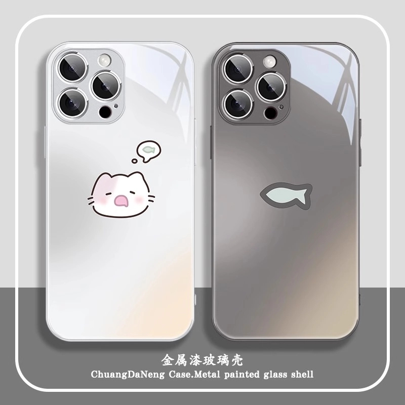 适用苹果16/华为mate70/小米15/vivo/oppo猫咪和鱼简约情侣手机壳