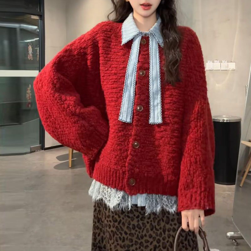 【圣诞狂欢】2025秋冬新款正典红设计感针织衫女时尚长袖毛衣上衣