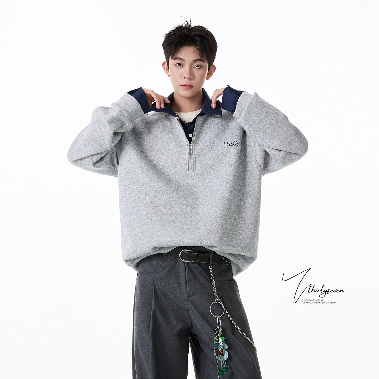 V37美式复古衬衫领拼接假两件卫衣男潮牌宽松百搭情侣半拉链外套