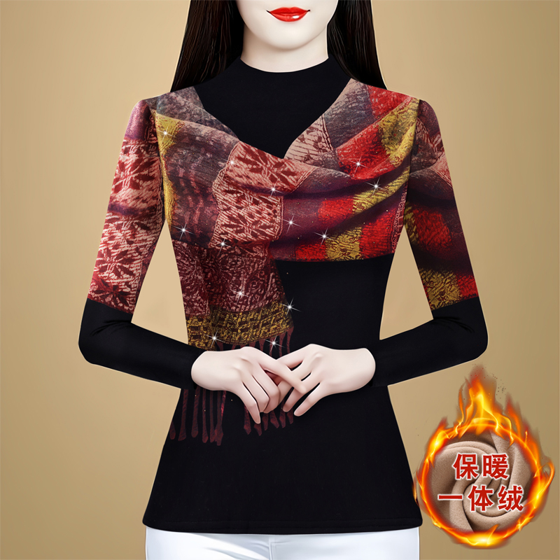 时尚半高领打底衫女士秋冬设计感假围巾烫钻双面德绒显瘦保暖小衫