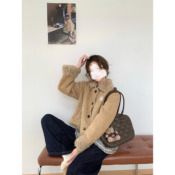 2025冬季新款通勤慵懒风保暖加绒加厚短款小个子翻领外套1763