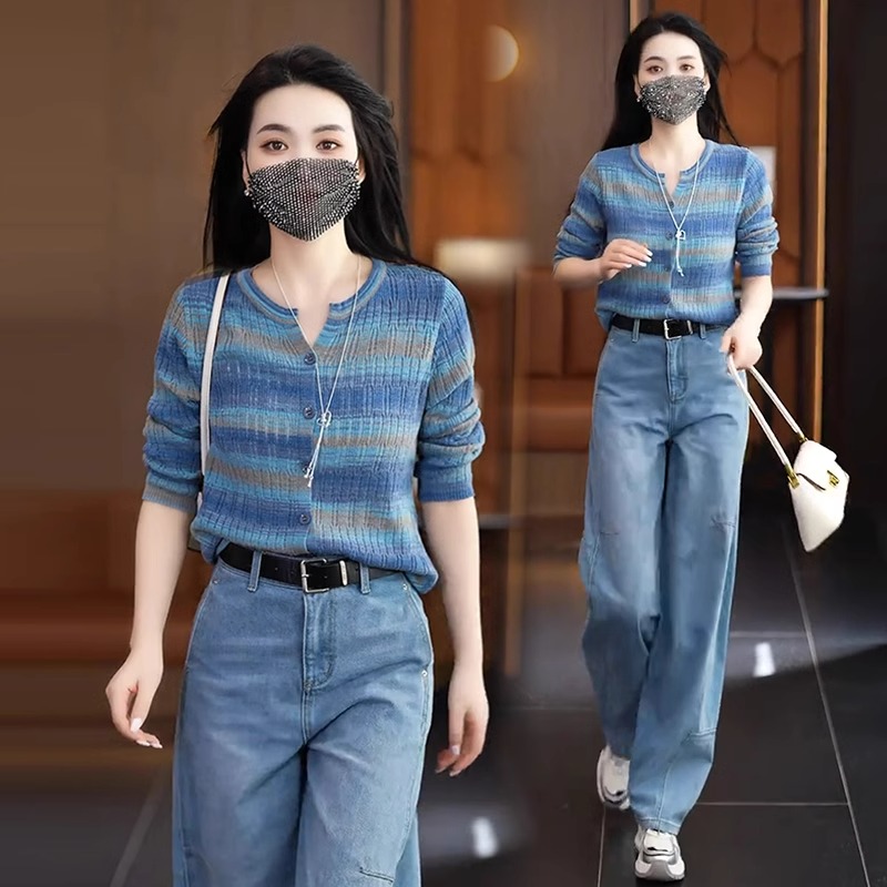时尚彩虹条纹长袖针织开衫2025春季新款宽松显瘦百搭毛衣外套上衣