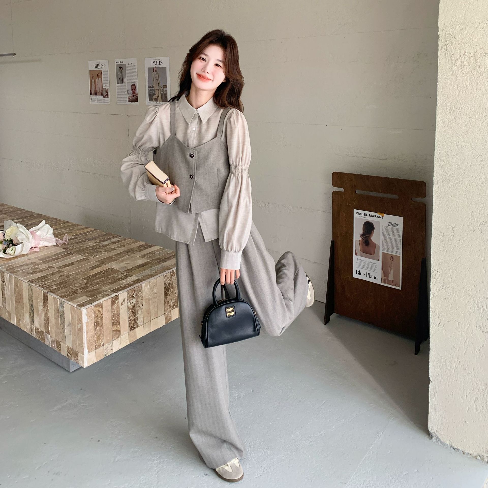 韩系穿搭减龄衬衫马甲套装裤女春2025新款超好看显瘦阔腿裤三件套