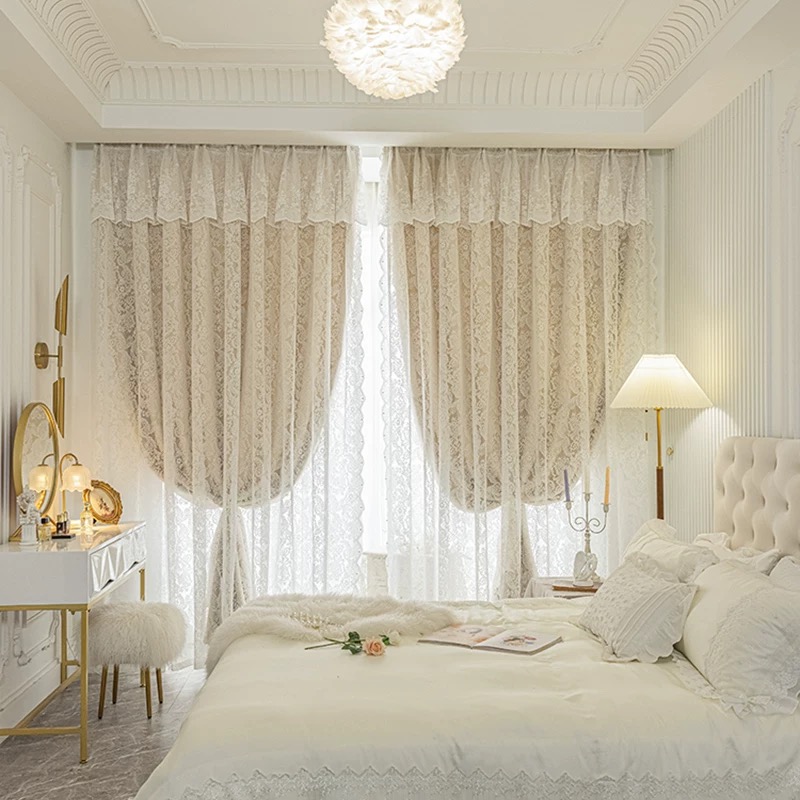 维多利亚飘窗帘轻奢复古法式奶油风双层蕾丝窗帘适合卧室客厅