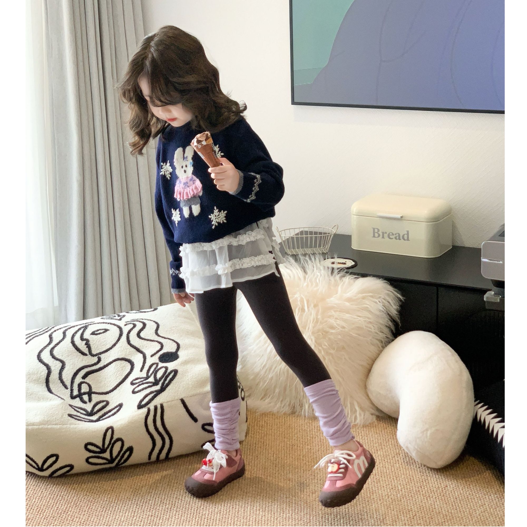 壹妈韩版童装女童秋季套装洋气儿童时髦小女孩卡通针织毛衣打底裤