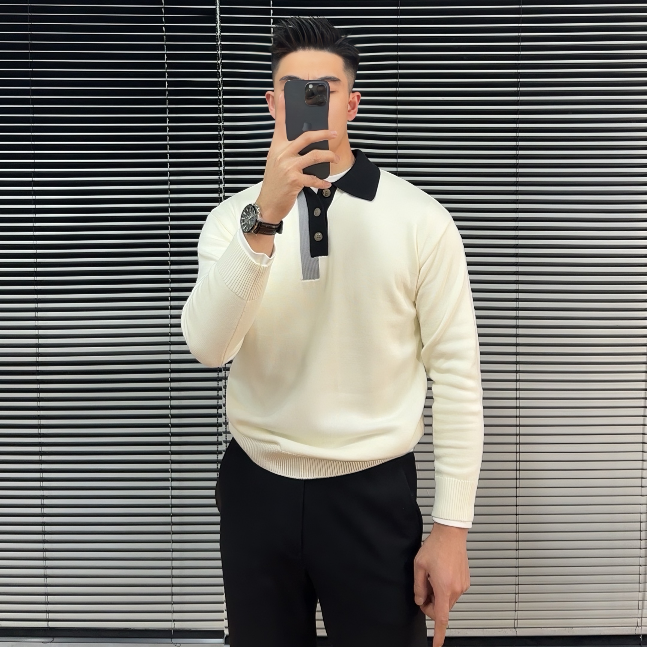 腈纶53.7棉46.3高品质秋冬翻领撞色休闲毛衣痞帅男装针织衫内搭