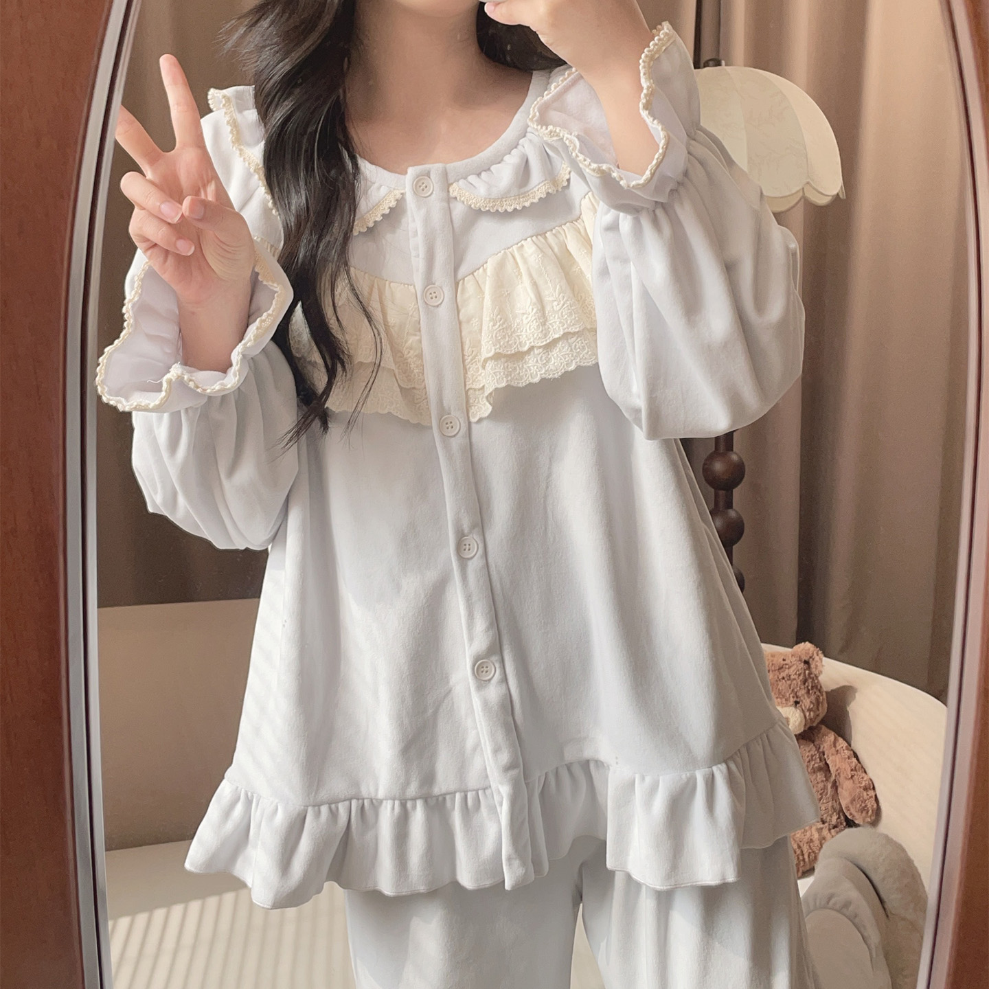 【S147蓝色】海岛绒秋冬甜美长袖可外穿公主家居服睡衣宽松睡衣套装