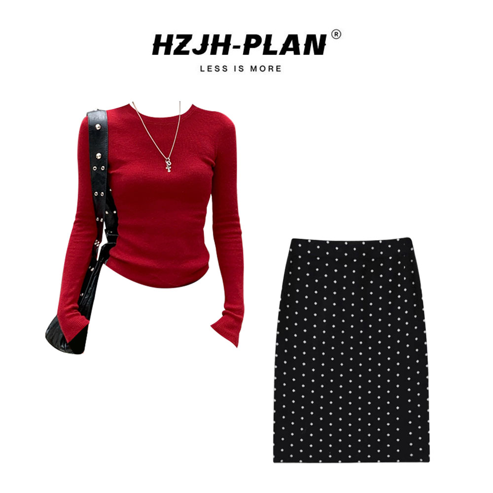 法式气质轻奢小众红色针织上衣高腰波点半身裙两件套