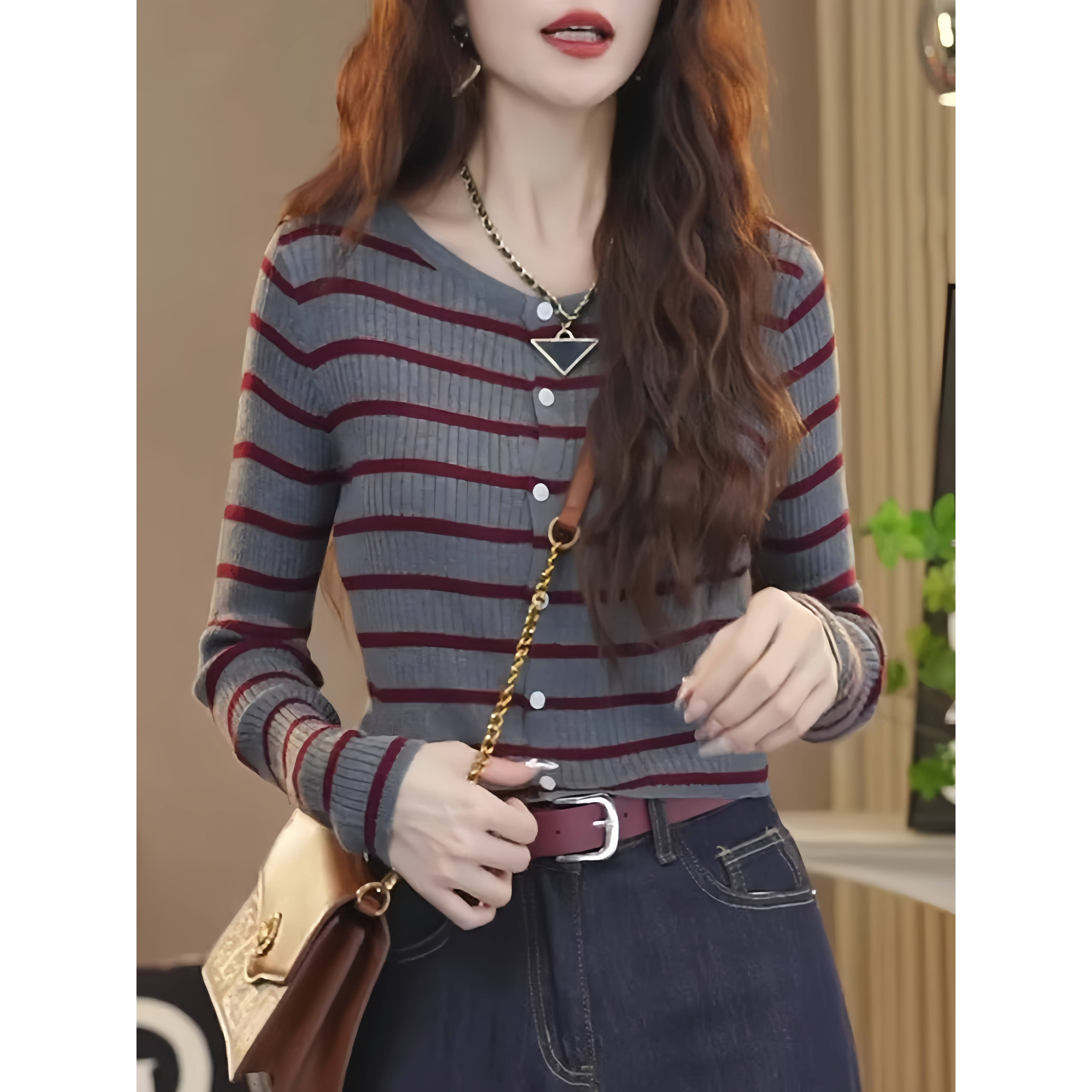 韩系圆领撞色条纹长袖针织衫春装新款气质百搭单排扣开衫显瘦上衣