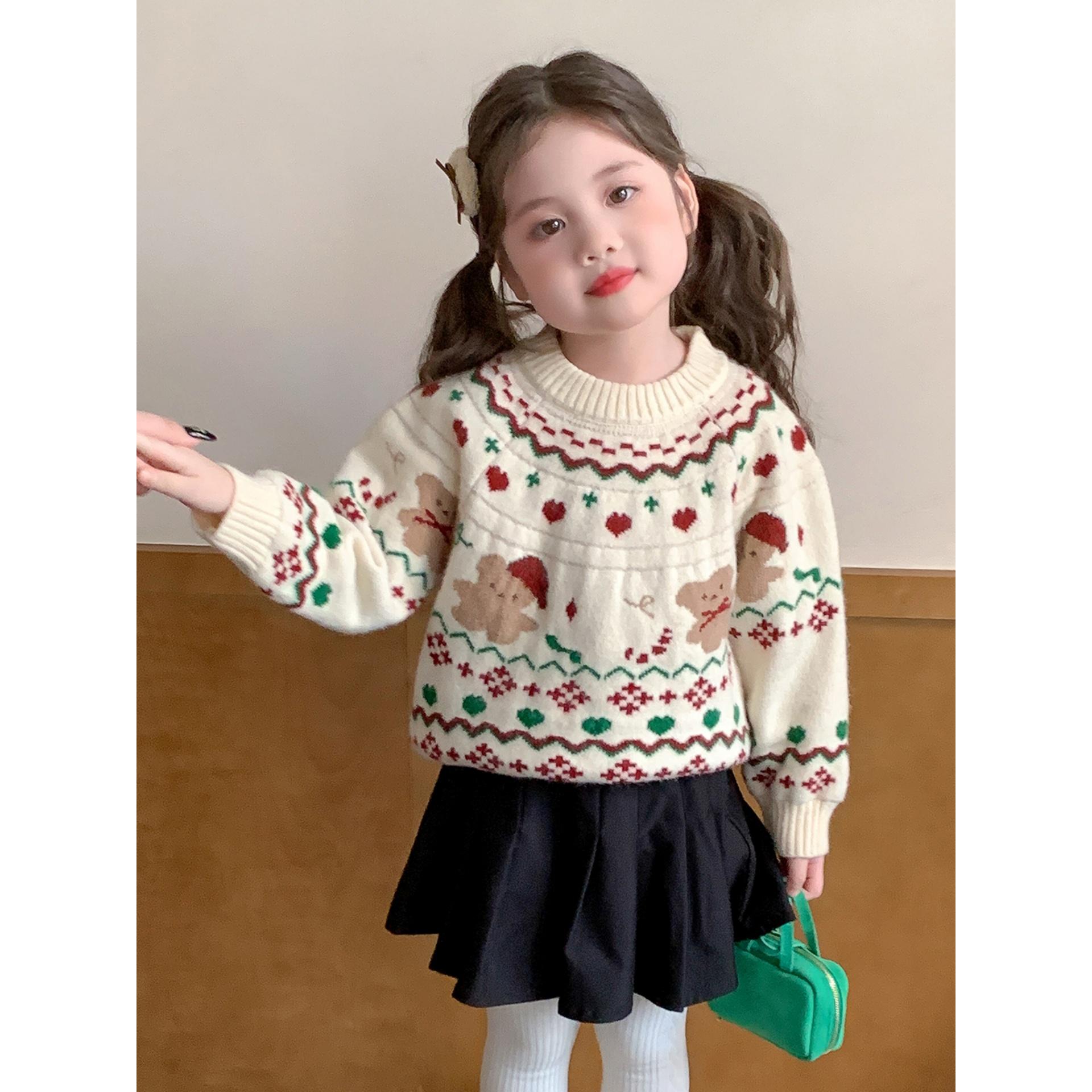 女童小熊毛衣秋冬款2025新款儿童韩版加厚冬装针织衫女宝宝上衣