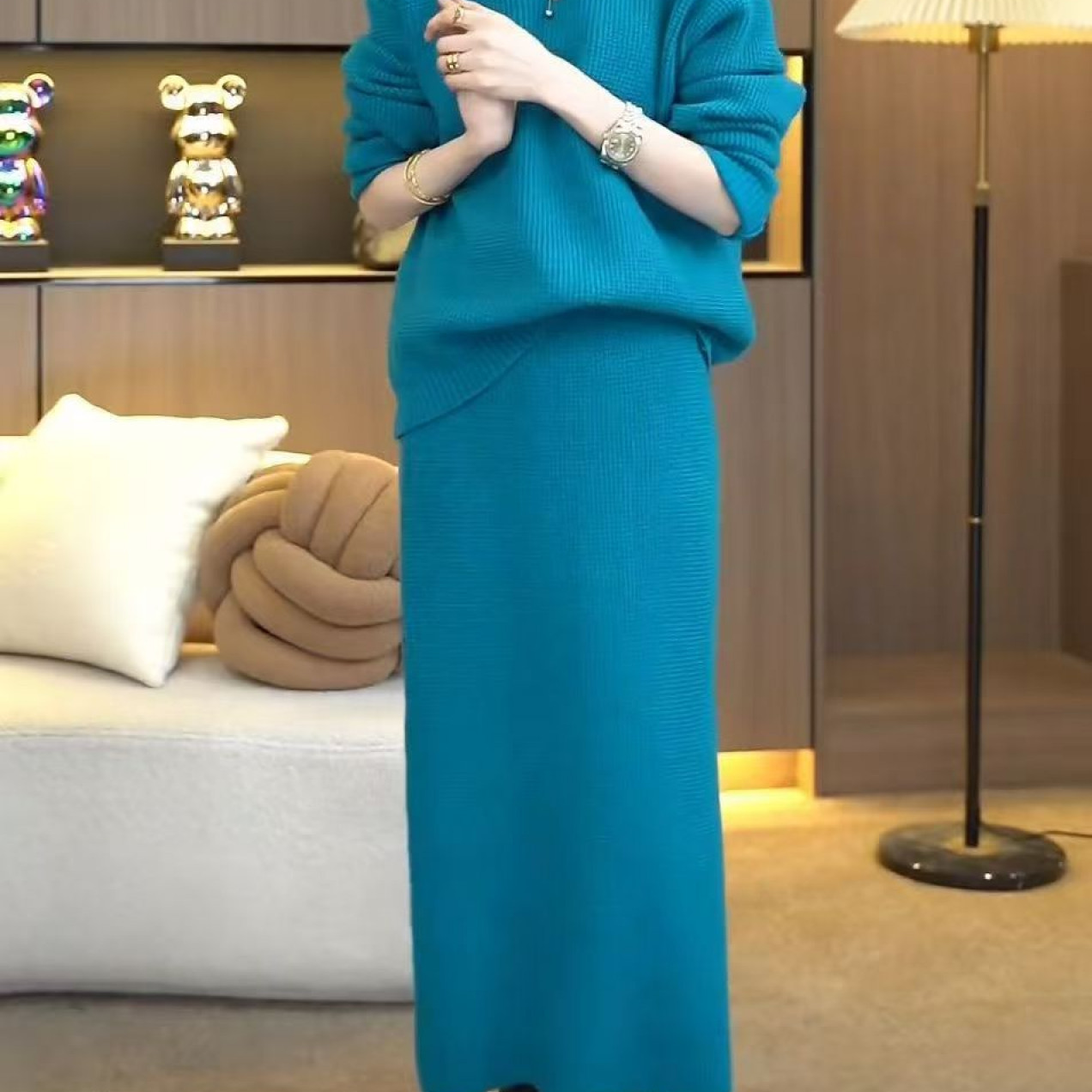 两件套韩版秋冬针织时尚针织套装新款针织衫半身裙纯色宽松厚毛衣