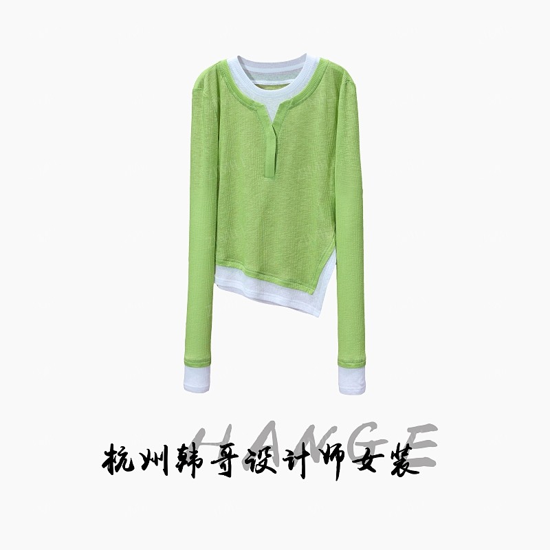 【韩哥女装】秋季欧版苹果绿撞色网纱圆领时尚休闲高弹上衣8560-A5