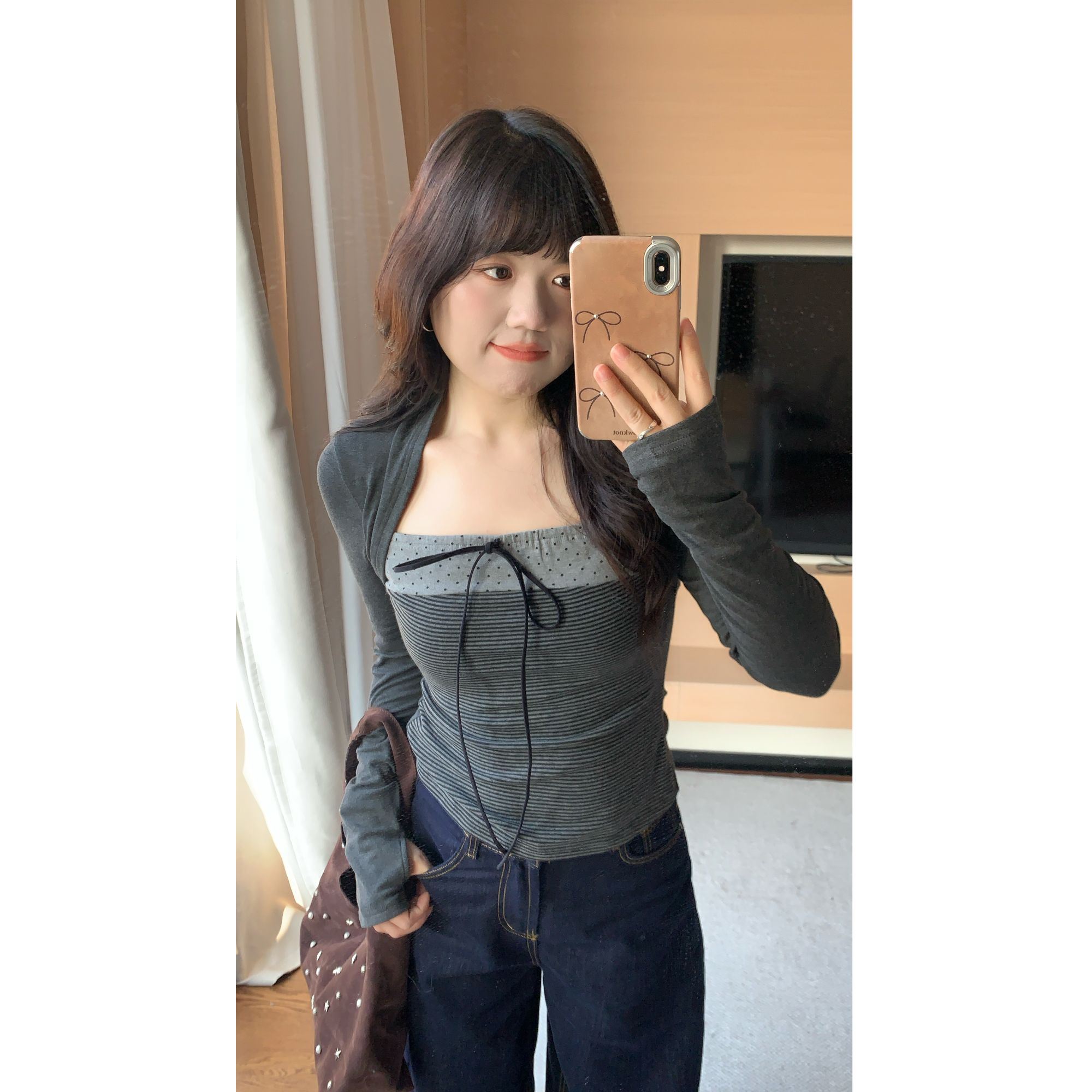 米米子“美留outfit”定制方领蝴蝶结波点坎肩式长袖假两件上衣显瘦