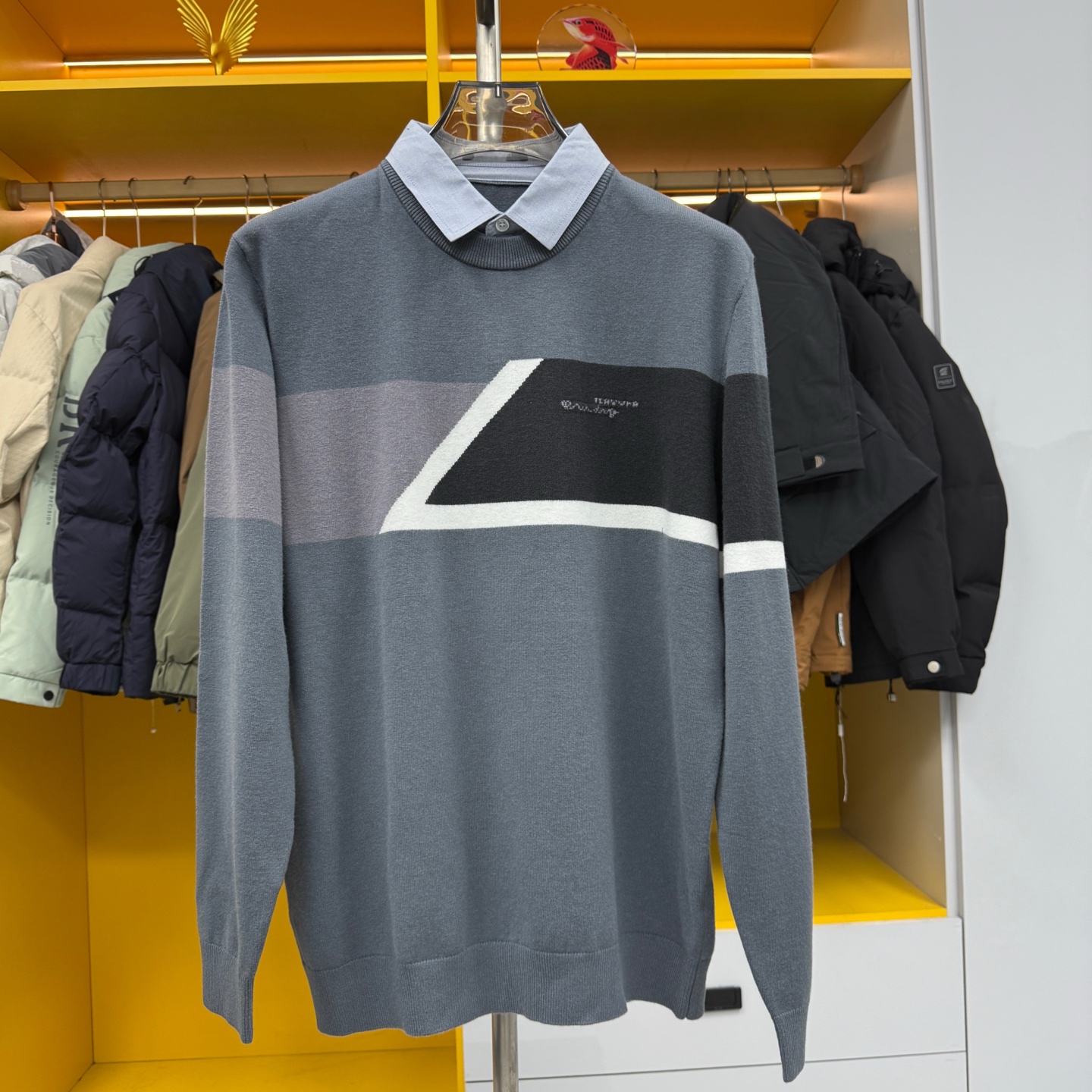 L591冬季男士含绵羊毛莫代尔柔软亲肤保暖衬衣领假两件针织衫男