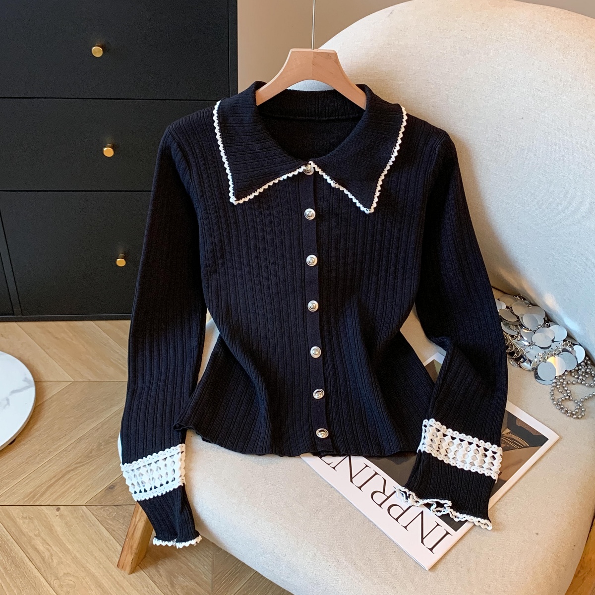 设计感娃娃领针织开衫长袖针织女秋冬季温柔风软糯百搭上衣女