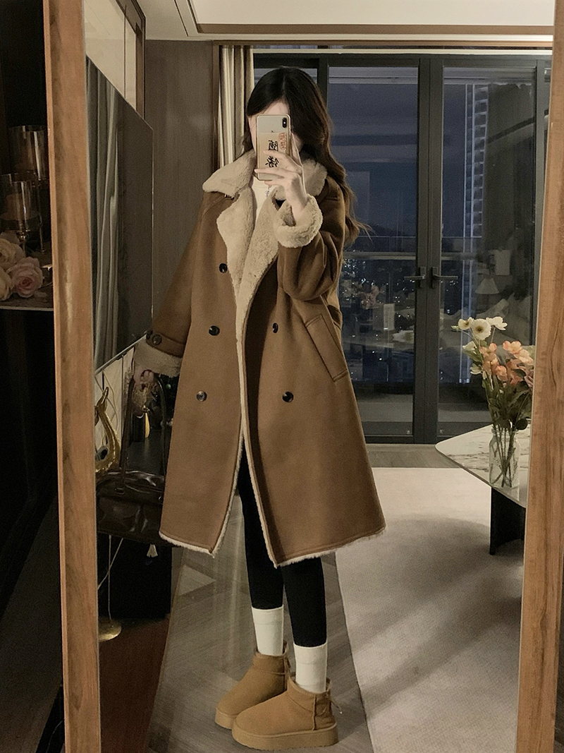 大码皮毛一体外套女冬季爆款中长款加厚保暖羊羔毛麂皮绒大衣外套