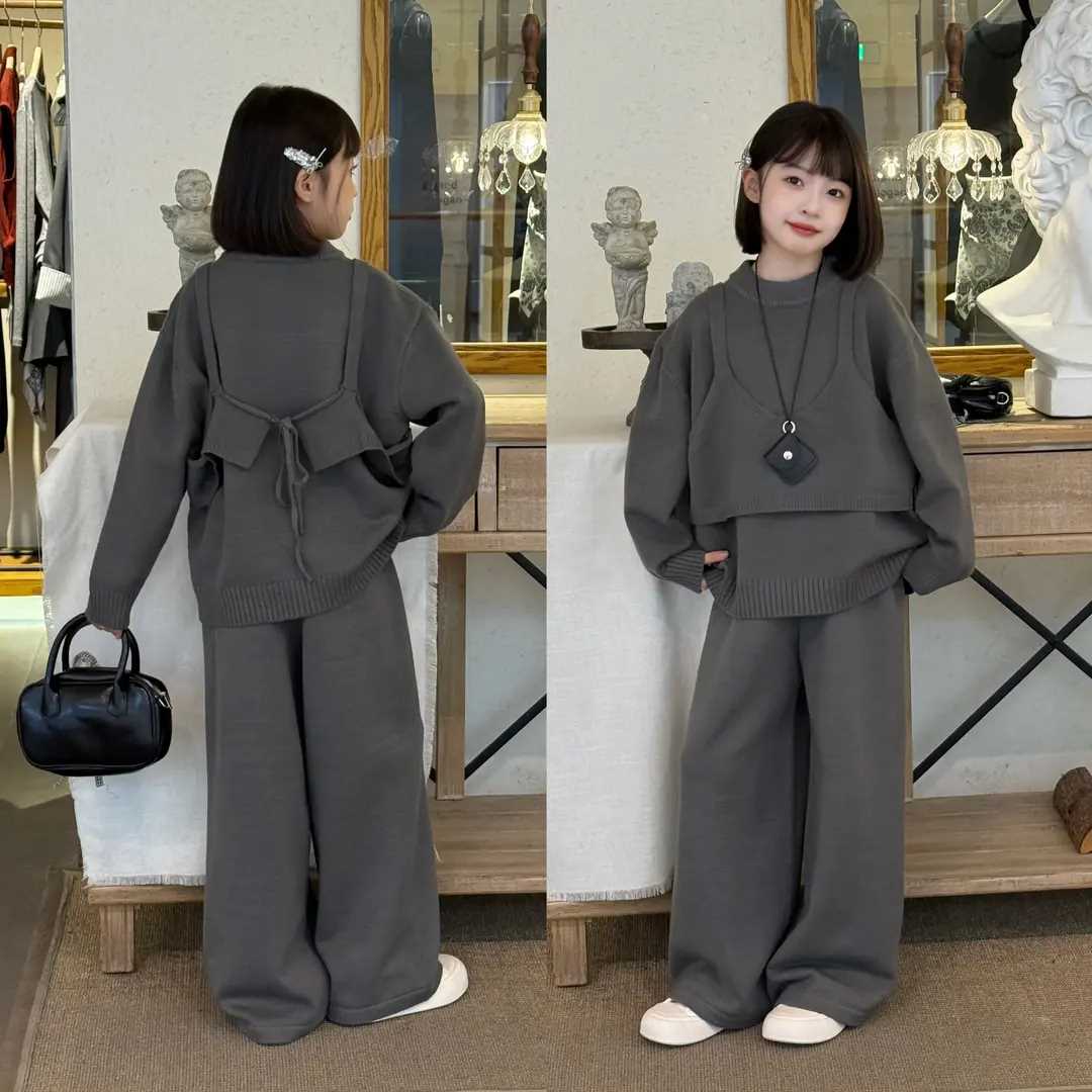 女童慵懒风韩系叠穿毛衣三件套春秋季2025新款洋气针织上衣阔腿裤