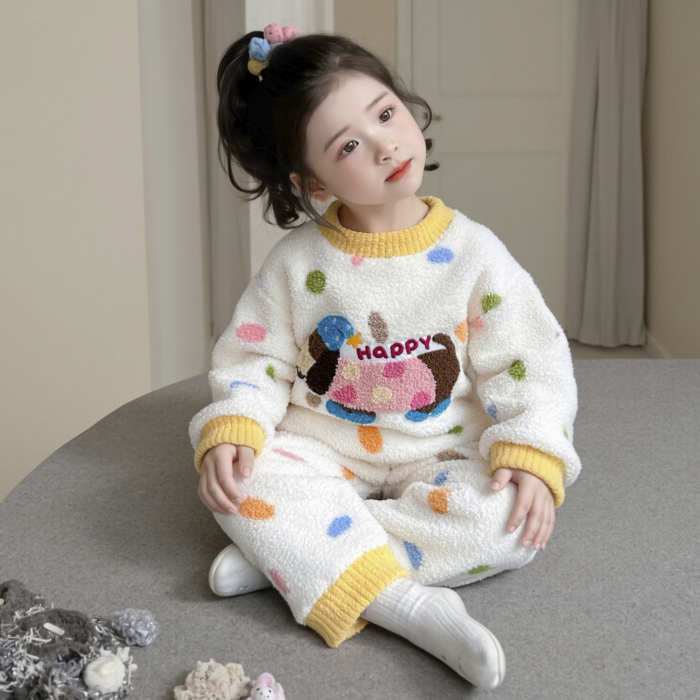 女童睡衣秋冬季米粒绒加厚珊瑚绒2025新款儿童家居服套装宝宝女孩