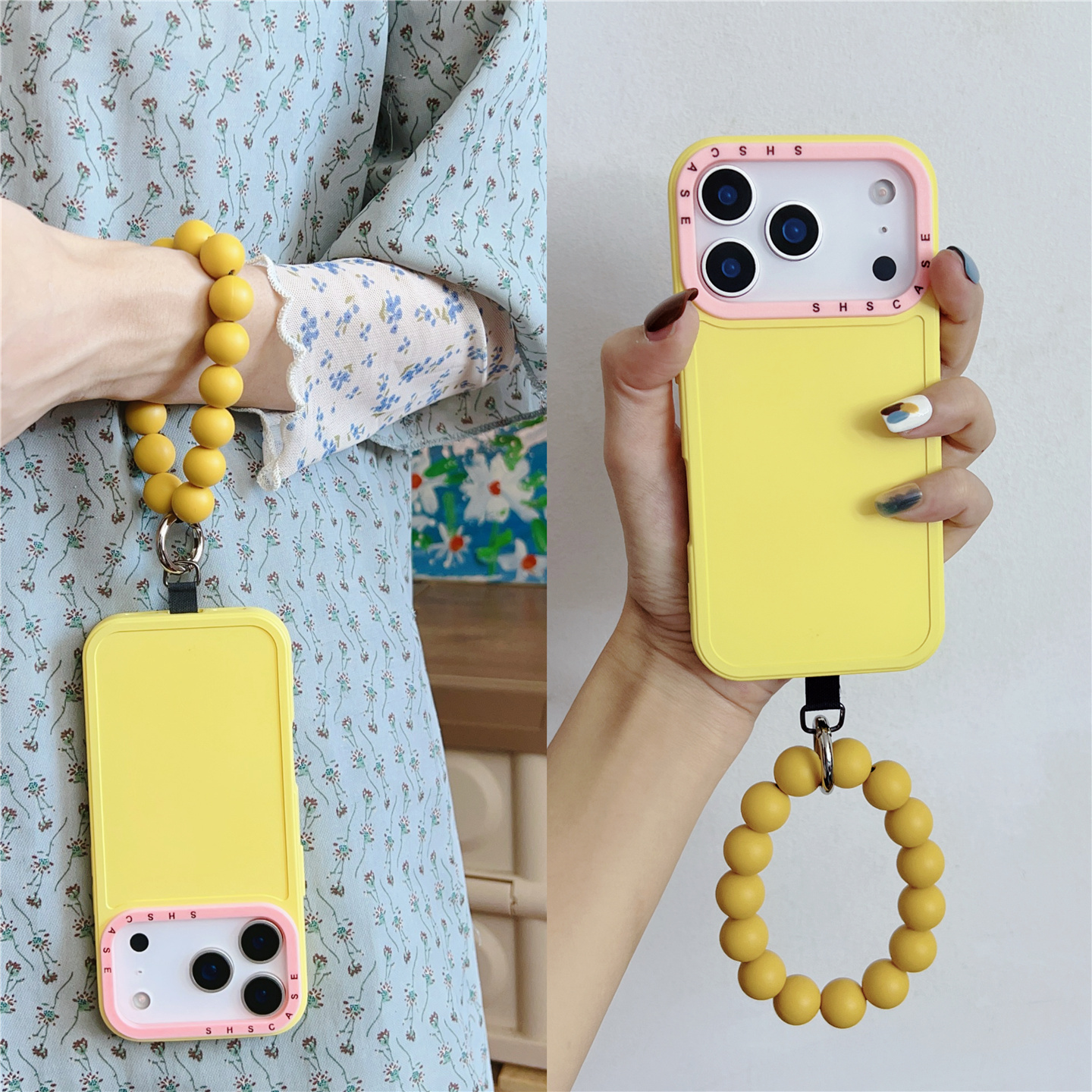 柠檬黄撞色粉镜头框适用iphone17promax串珠15苹果16手机壳14/13