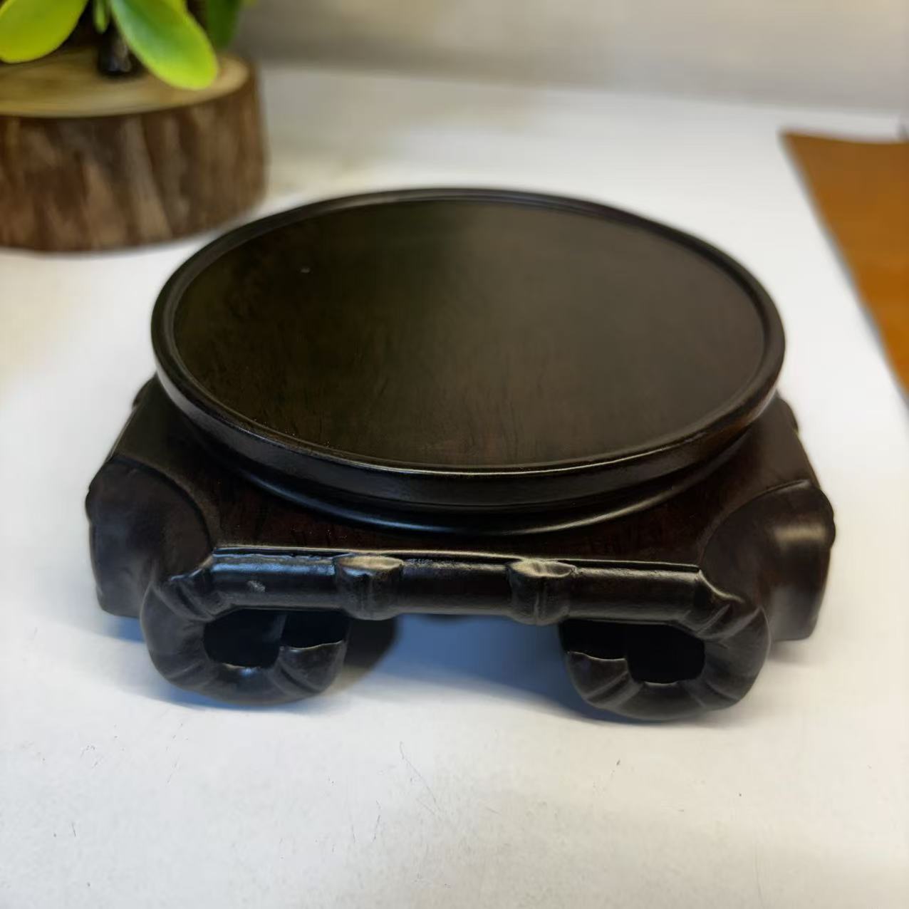 黑檀14竹节天圆地方底座整木整雕壶承底座 尺寸：14*14*4.7内12