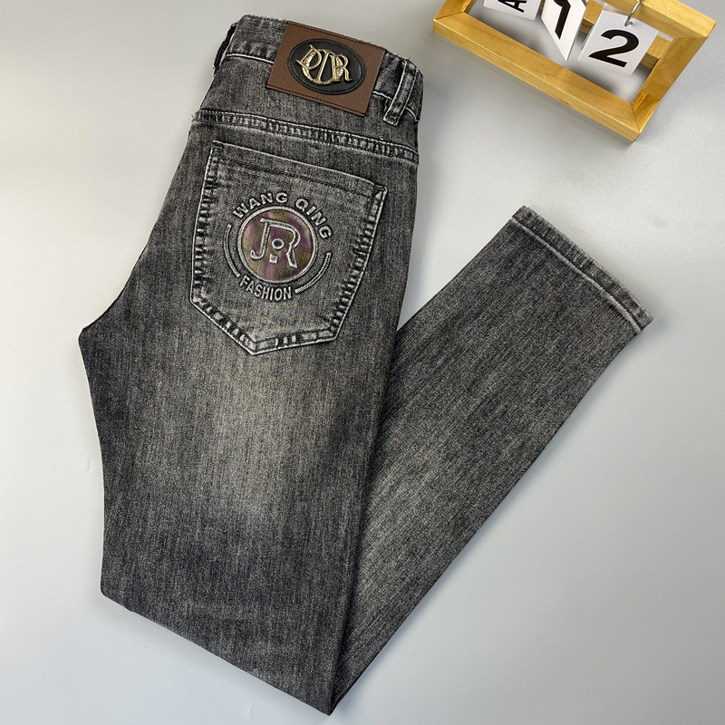 霍科比特轻奢男士灰色牛仔裤春秋季时尚印花修身小脚烫印休闲长裤